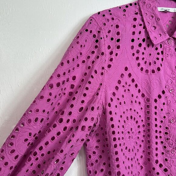 Chicos Cotton Fuschia Eyelet Billow-Sleeve Button Front Blouse Top Size 12 - Picture 3 of 9